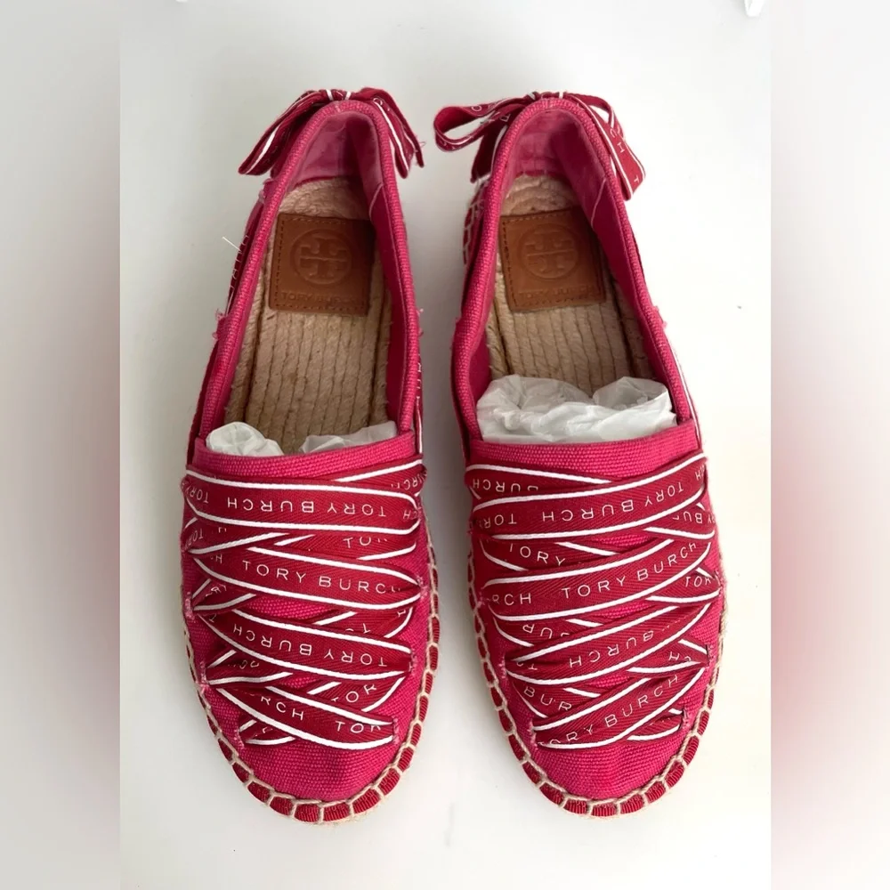 Tory Burch Grosgrains Crisscross Logo Ribbon Espadrilles Flats Red Size 5.5